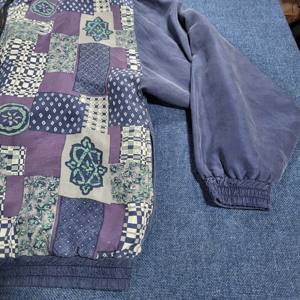 ONE RESOURCE Vintage Silk Patchwork Bomber Jacket Purple Blue Print Zip Up L - Picture 2 of 10